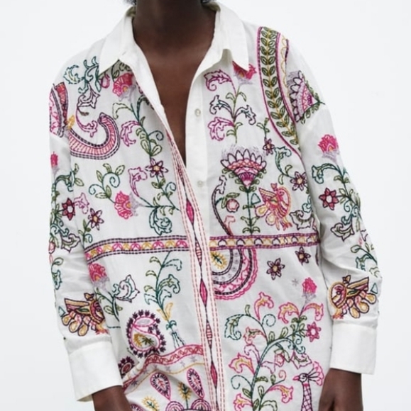 ZARA long sleeves button down embroidered long shirt dress Med  NEW - Picture 2 of 13